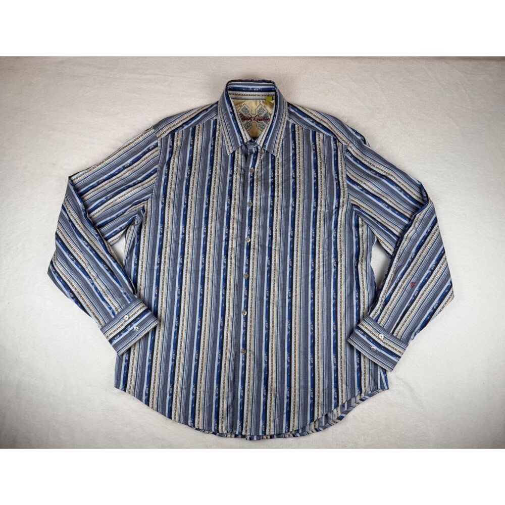 Robert Graham Men's 2XL Tailored Fit Blue Brown Striped Button Up Shirt